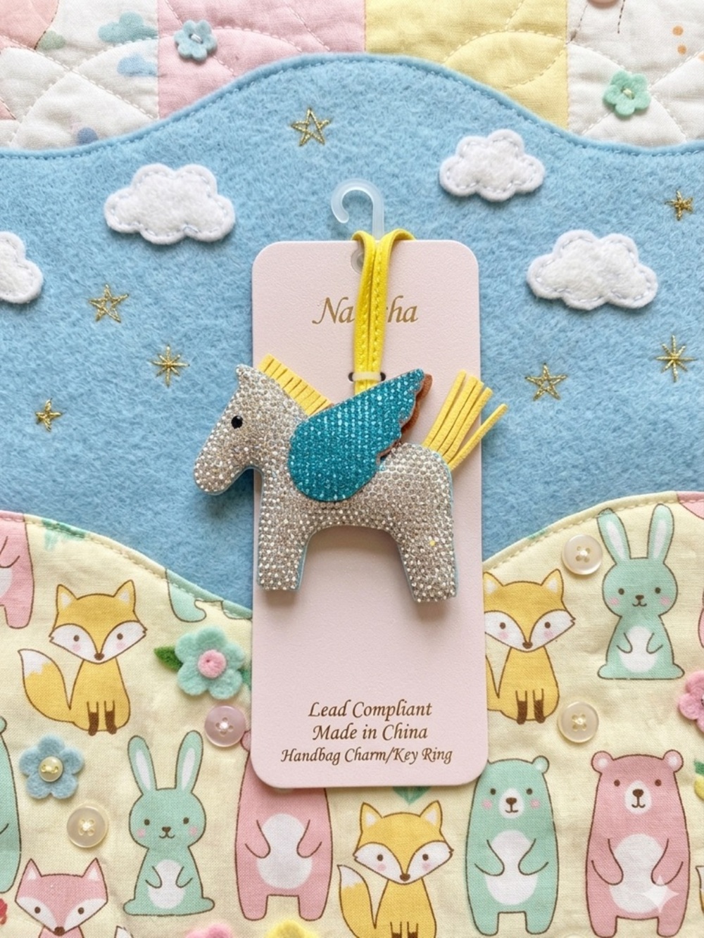 Silver Crystal Pegasus Key Ring with Blue Wings